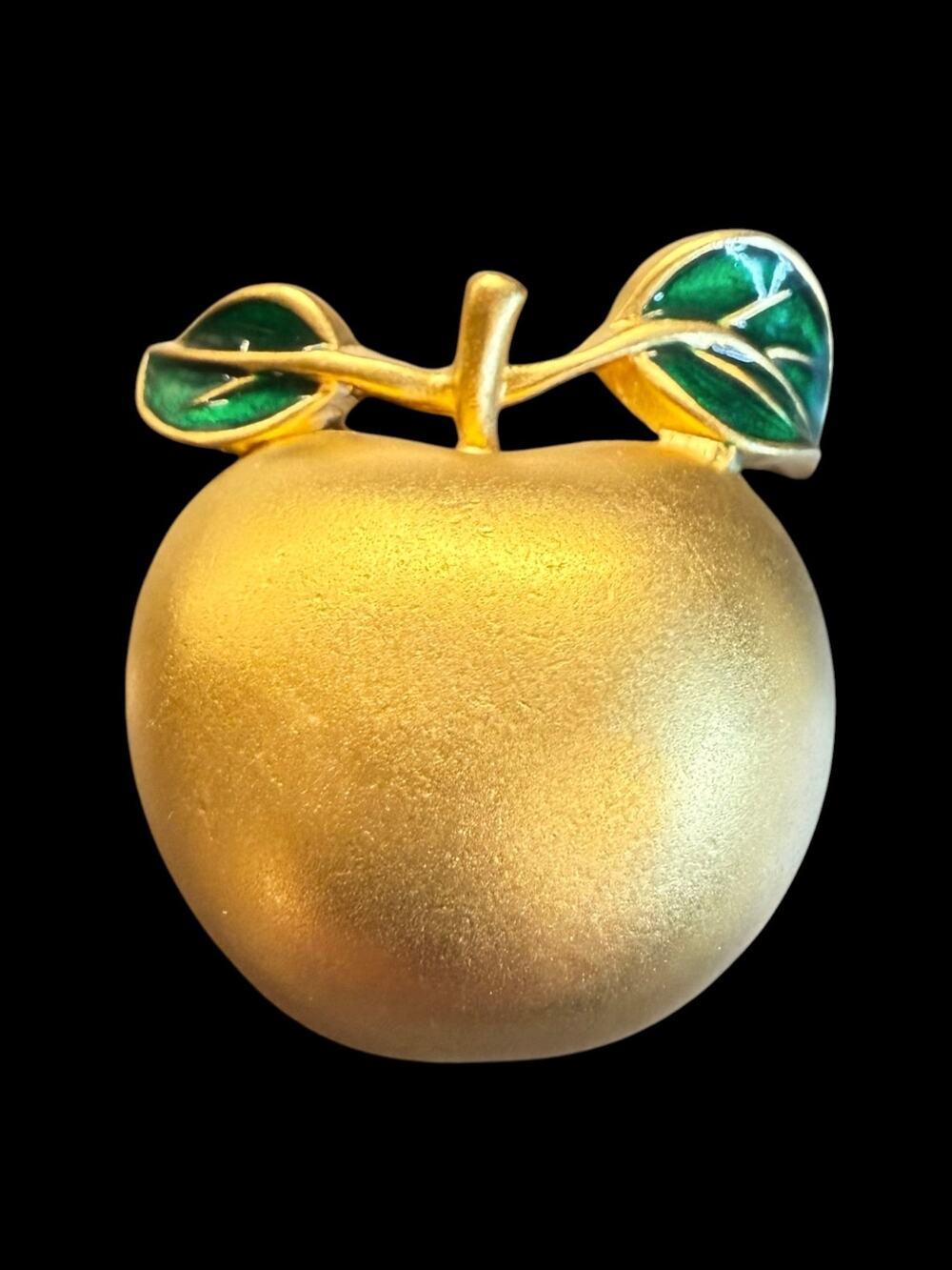 Vintage D'Orlan Matte Gold Apple Brooch Pin Green Enamel Leaves Signed Canada